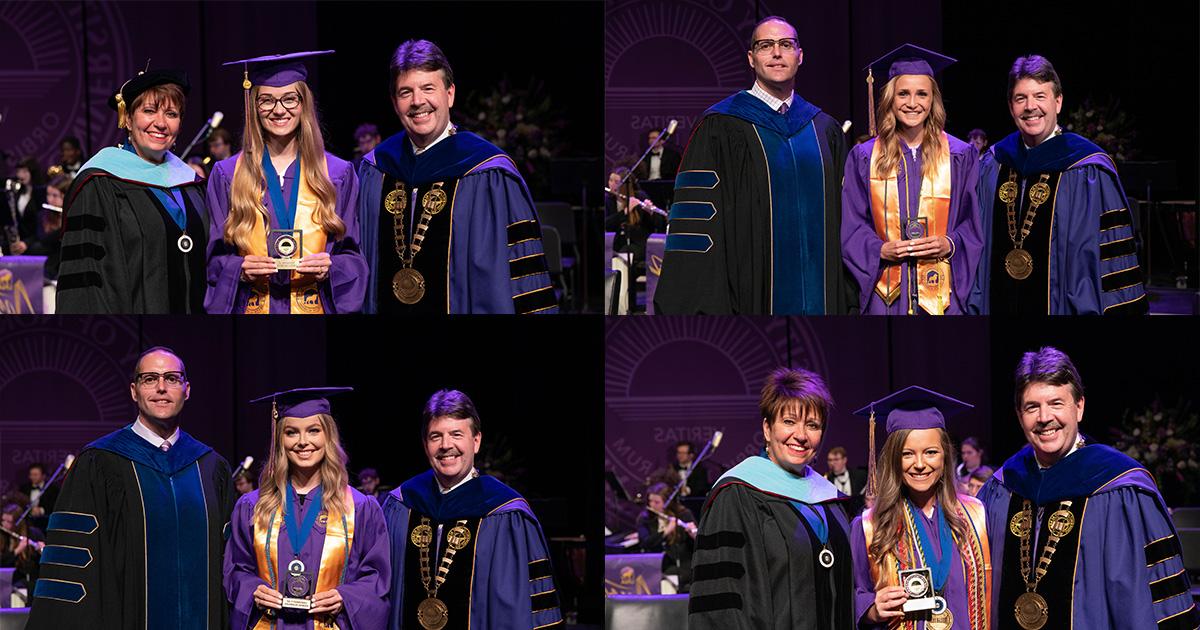 A collage of four pictures: First, President Kitts and Provost Ross Alexander with Keller Key recipient Morgan Ebert; second, the President, Vice President of Student Affairs Kim Greenway, and Turris Fidelis recipient Megan Cook; third, the President, Vice President Greenway, and Turris Fidelis recipient Madelyn Plowman, and; fourth, the President, Provost, and Keller Key recipient Alexia Hovater. All members are dressed in full commencement regalia.
